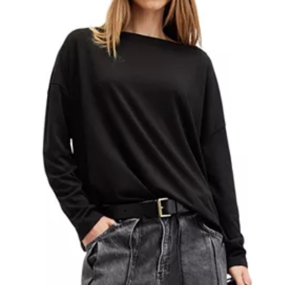 ALL SAINTS Rita Oversized Tee Black Boat Neck Long Sleeve Slouchy Relaxed Tshirt - Picture 5 of 15